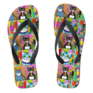 Chinelos Arte Popular Caprichosa Gatos Coloridos