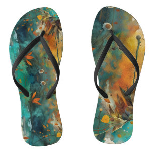 Chinelos Autumn Harvest Teal Rust Abstrato Dourado