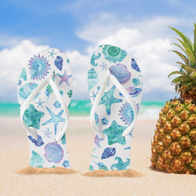 Chinelos Azul Coastor, Casca-do-mar e Starfish (Blue Coastal Watercolor Sea shell and Starfish Flip Flops)