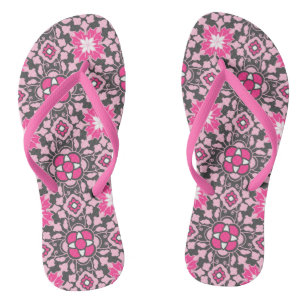 Chinelos Azulejo Marroquino Floral, Rosa Fúcsia e Cinza
