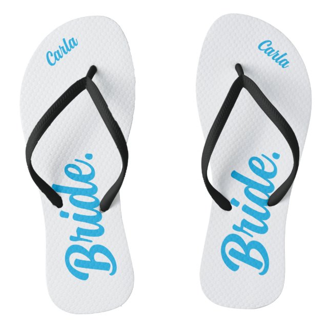 Chinelos Bachelorette personalizada Bride céu azul e branco (Pé da cama)