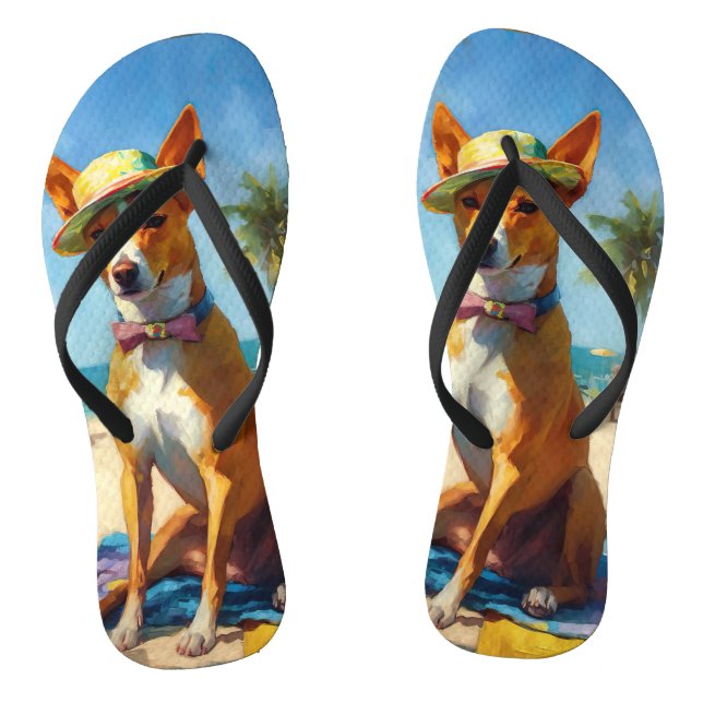 Chinelos Basenji na praia, presente de verão para amantes d (Pé da cama)
