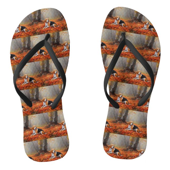 Chinelos Beagle nas Folhas de Outono Caem Inspiração (Pé da cama)