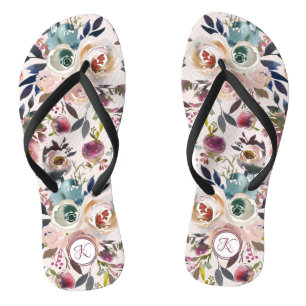 Chinelos Boho Aquarela Rosa Bege Verde Monograma Floral