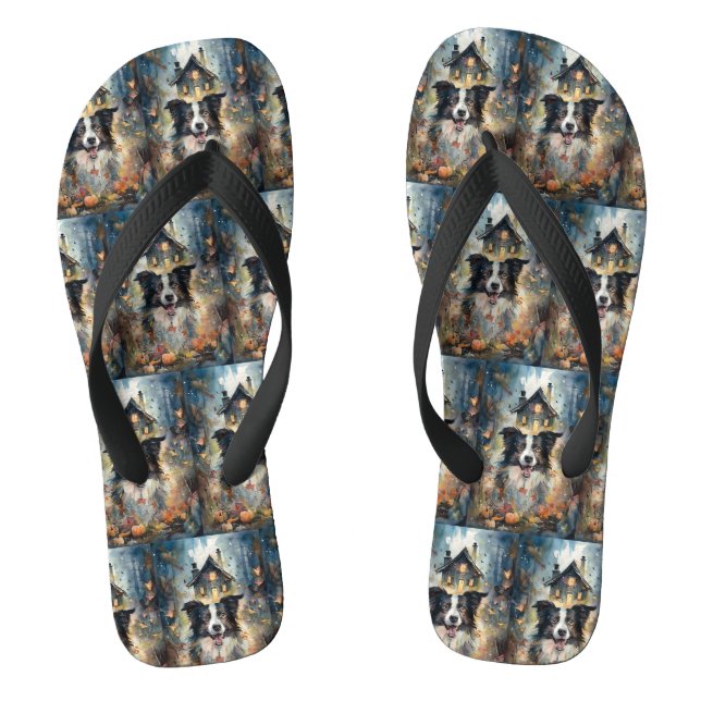 Chinelos Border Collie de Halloween com Abóboras Assustador (Pé da cama)