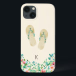 Chinelos Botânicos de Praia de Aquarela<br><div class="desc">Elegante chinelos embelezados botânicos das ilhas tropicais com cor d'água com borda correspondente,  personalizados com capas de iphone inicial,  bege arenoso.</div>