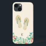 Chinelos Botânicos de Praia de Aquarela<br><div class="desc">Elegante chinelos embelezados botânicos das ilhas tropicais com cor d'água com borda correspondente,  personalizados com capas de iphone inicial,  bege arenoso.</div>