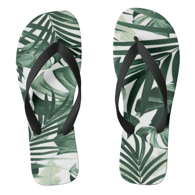 Chinelos branco verde folhas florais simples (Pé da cama)