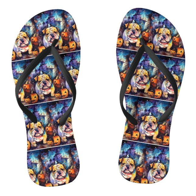 Chinelos Bulldog de Halloween com Abóboras Assustador (Pé da cama)