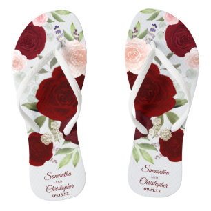 Chinelos Casamento de Rosas de Boho Vermelho e Rosa Cinzent