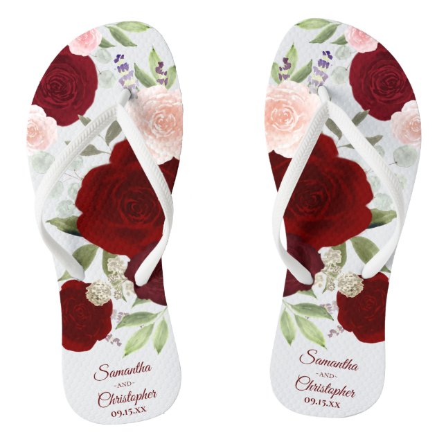 Chinelos Casamento de Rosas de Boho Vermelho e Rosa Cinzent (Pé da cama)