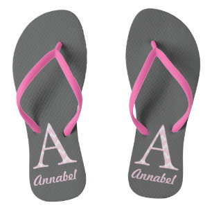 Chinelos Cinza personalizada "A" inicial e Flipflop rosa