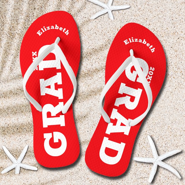 Chinelos Classe de Mais velho de Graduação Vermelho e Branc (Red and White Graduation Senior Class Flip Flops)