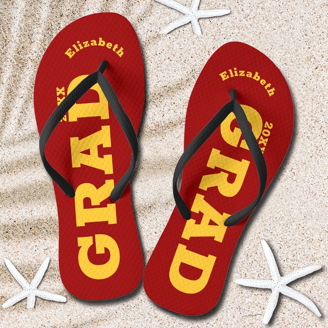 Chinelos Classe de Mais velho de Graduação Vermelho e Doura (Cardinal Red and Gold Graduation Senior Class Flip Flops)