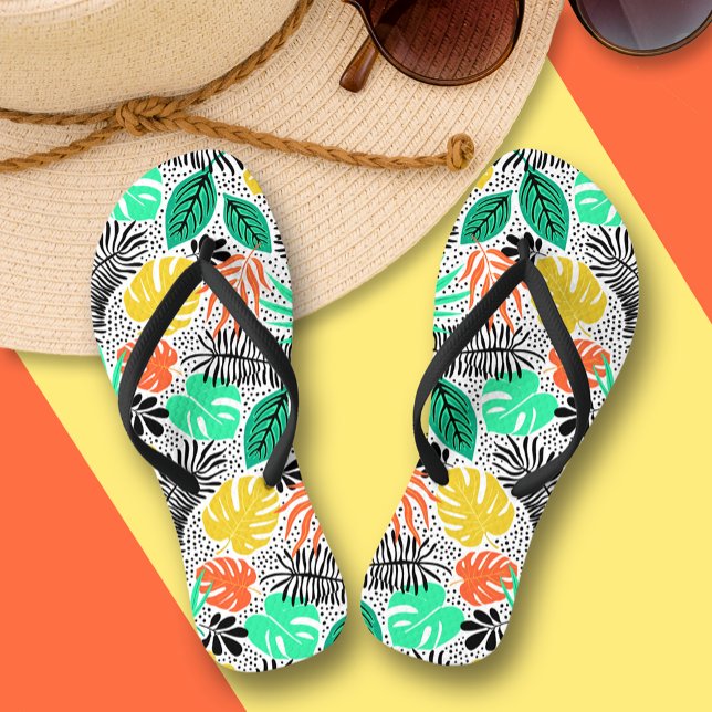 Chinelos Coloridos de Plantas e Pontos (Colorful tropical plants and leaves flip flops)
