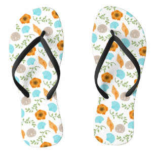Chinelos Conchas Azuis do Mar Caracol Flor Laranja