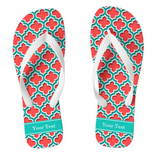 Chinelos Coral Red, Teal Marroquino #5DS Teal Name Monogram