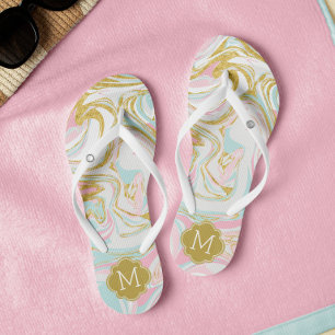 Chinelos Cute rosa e Dourado Suminagashi Monograma