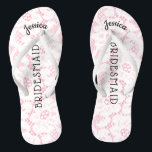 Chinelos Damas de honra Praia Casamento | Floral Branco Ren<br><div class="desc">Sandalhas de dedo personalizadas, românticas, de renda floral para casamento na praia - Estilo vintage falso, renda floral branca em fundo rosa feminino. Nome da madrinha no topo em estilo curvo e elegante, letras manuscritas. Madrinha é impresso no meio em letras modernas. Altere para se adequar aos membros da comitiva...</div>