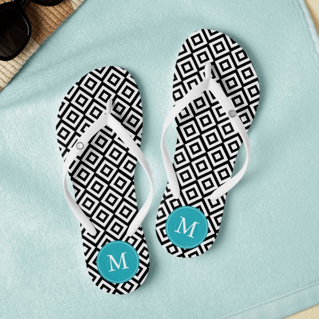 Chinelos Diamantes Pretos e Aqua Monogramados (Criador carregado)