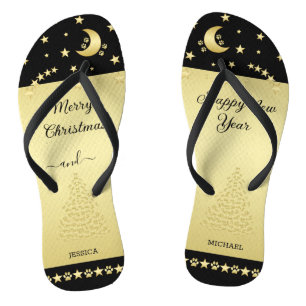 Chinelos Douradas estrelas brilhantes de Natal, patas em ou
