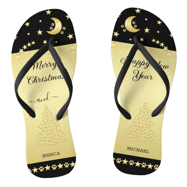 Chinelos Douradas estrelas brilhantes de Natal, patas em ou (Pé da cama)