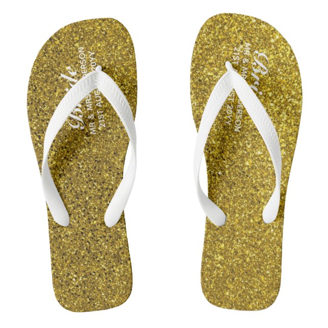 Chinelos Dourado Flipflops De Casamento Com Largura, BRIDE, (Pé da cama)