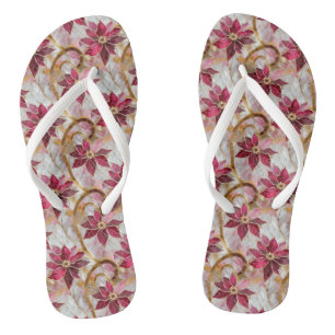 Chinelos Dourados Swirls Borgonha Rosa Poinsettias de Natal