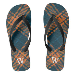 Chinelos Elegante xadrez escocês azul e laranja Personaliza