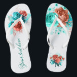 Chinelos Favor do Casamento Tropical de Turquesa e Coral Fl<br><div class="desc">Rosas de tartaruga e coral e favores de verão de folhagem tropical projetados para serem rápida e facilmente personalizados de acordo com suas especificidades de evento.</div>