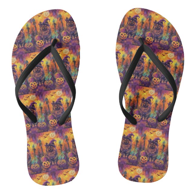 Chinelos Feiticeira do Dia das Bruxas e Abóbora de Keeshond (Pé da cama)