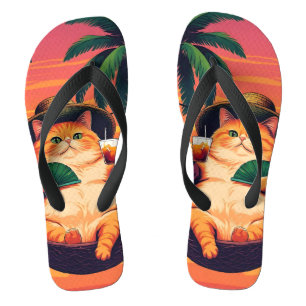 Chinelos Férias De Gato De Verão, Retro Engraçado