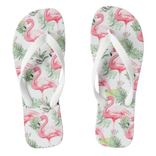Chinelos Flamingo e Folhas Tropicais Coloridas