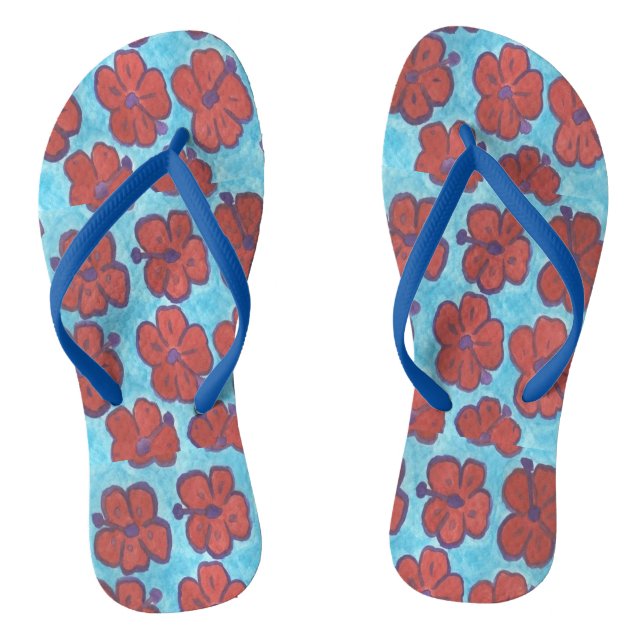 Chinelos Flipflops de Hibiscus Azul e Vermelho (Pé da cama)