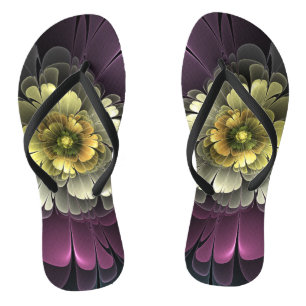 Chinelos Flor de Fractal Abstrato Moderno Purpur Khaki Cinz