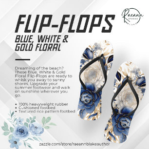 Chinelos Florais Azul, Branco e Dourado