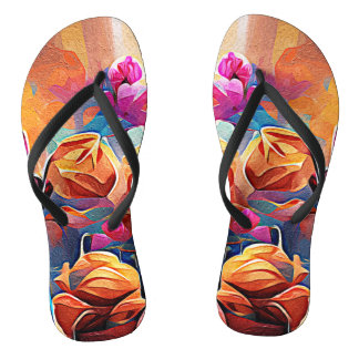 Chinelos Floral Abstrato Art Laranja Vermelho Azul Flores