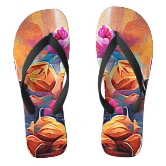Chinelos Floral Abstrato Art Laranja Vermelho Azul Flores
