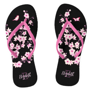 Chinelos Floral Cherry Blossomas cor-de-rosa Nome preto Mon