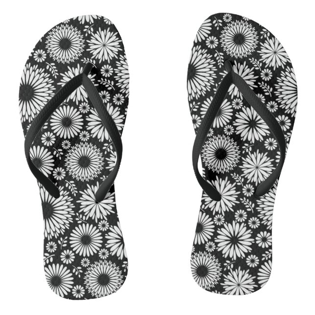 Chinelos Flores boho Padrão floral vetorial preto e branco (Pé da cama)
