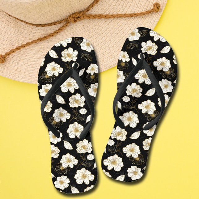 Chinelos Flores Douradas brancas, pretas (White Gold Flowers Black Flip Flops)