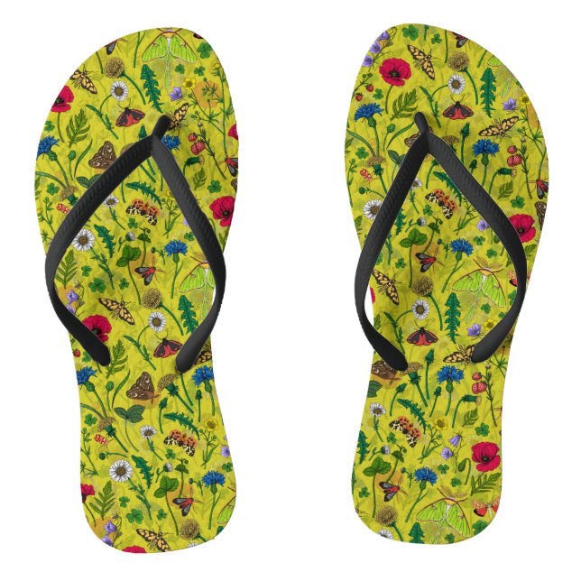 Chinelos Flores e mariposas selvagens em verde (Pé da cama)