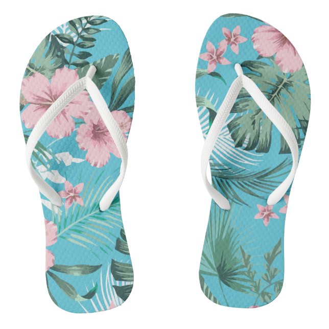 Chinelos Flores Padrão Tropical Havaiano Azul Claro (Pé da cama)