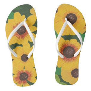 Chinelos Flores verdes e flores amarelas pintadas grandes e