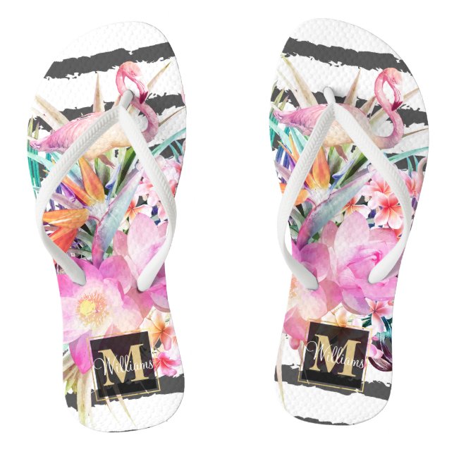 Chinelos folhas florais tropicais e listras flamingos (Pé da cama)