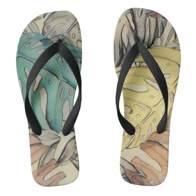 Chinelos Folhas tropicais grandes coloridas pintura aquosa (Pé da cama)