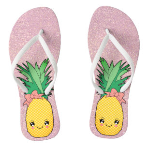 Chinelos Fruta de abacaxi de Kawaii, Glitter Beach Dourada 