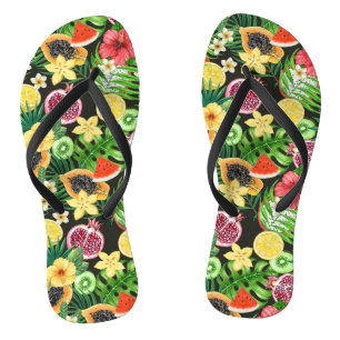Chinelos Frutas tropicais, flores e folhas a preto