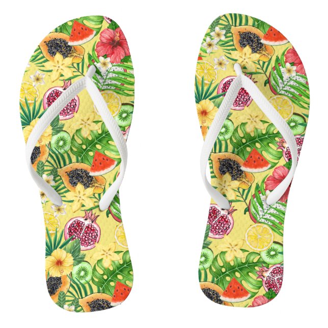 Chinelos Frutas tropicais, flores e folhas em amarelo (Pé da cama)