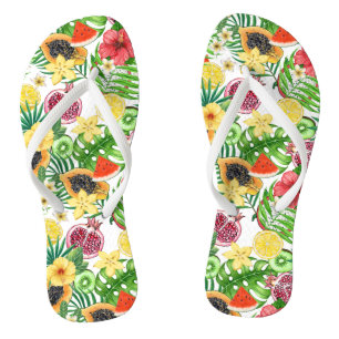 Chinelos Frutas tropicais, flores e folhas em branco